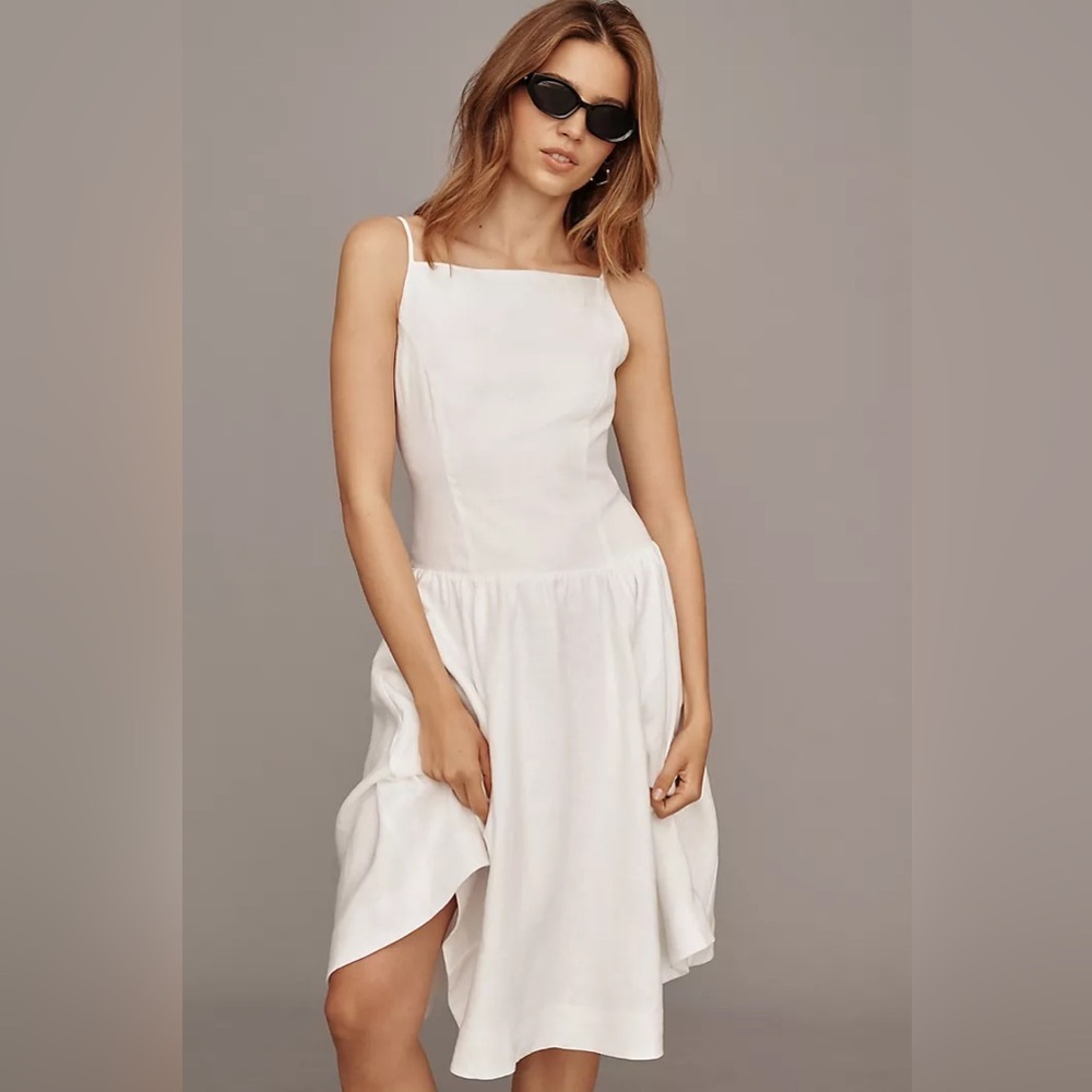NWT Reformation Clarabelle Linen Drop Waist A Line Square Neck Midi Dress White - Picture 2 of 11